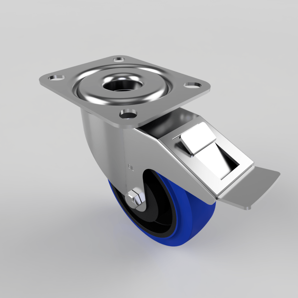 Blue Elastic Rubber 75ShoreA Plate Swivel Castor Brake 100mm 160kg Load