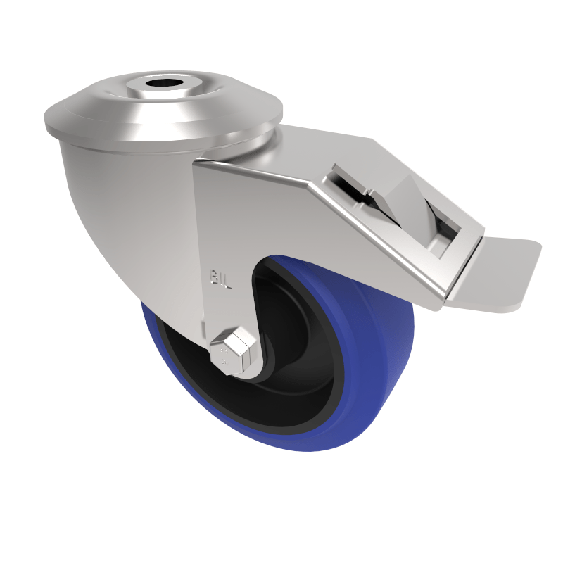 Blue Elastic Rubber 65ShoreA Bolt Hole Swivel Castor Brake 100mm 180kg