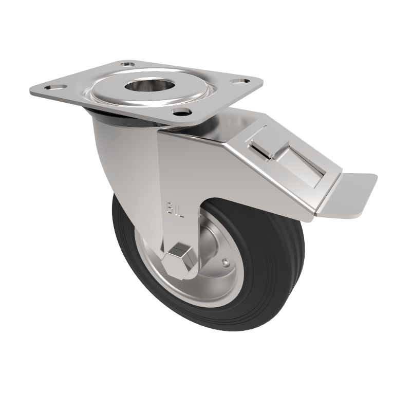 Black Rubber Pressed Steel Plate Swivel Castor Brake 125mm 90kg Load