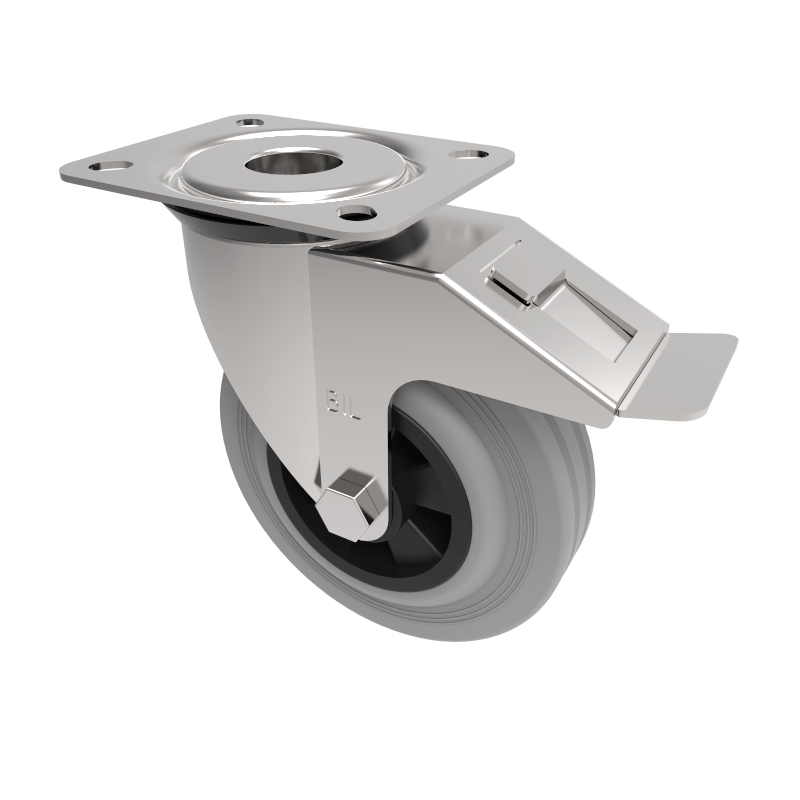 Grey Rubber Polypropylene Plate Swivel Castor Brake 125mm 100kg Load