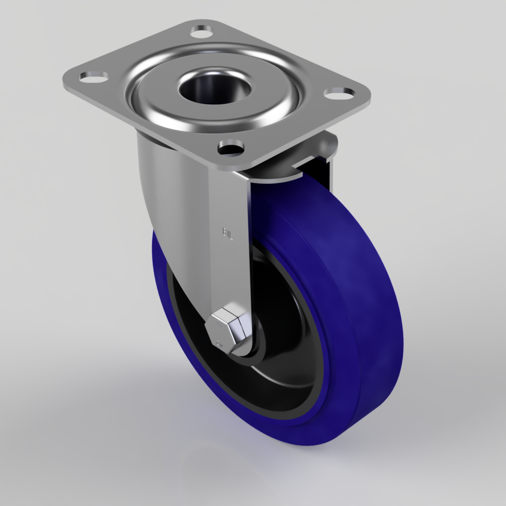 Blue Elastic Rubber 75ShoreA Plate Swivel Castor 125mm 200kg Load