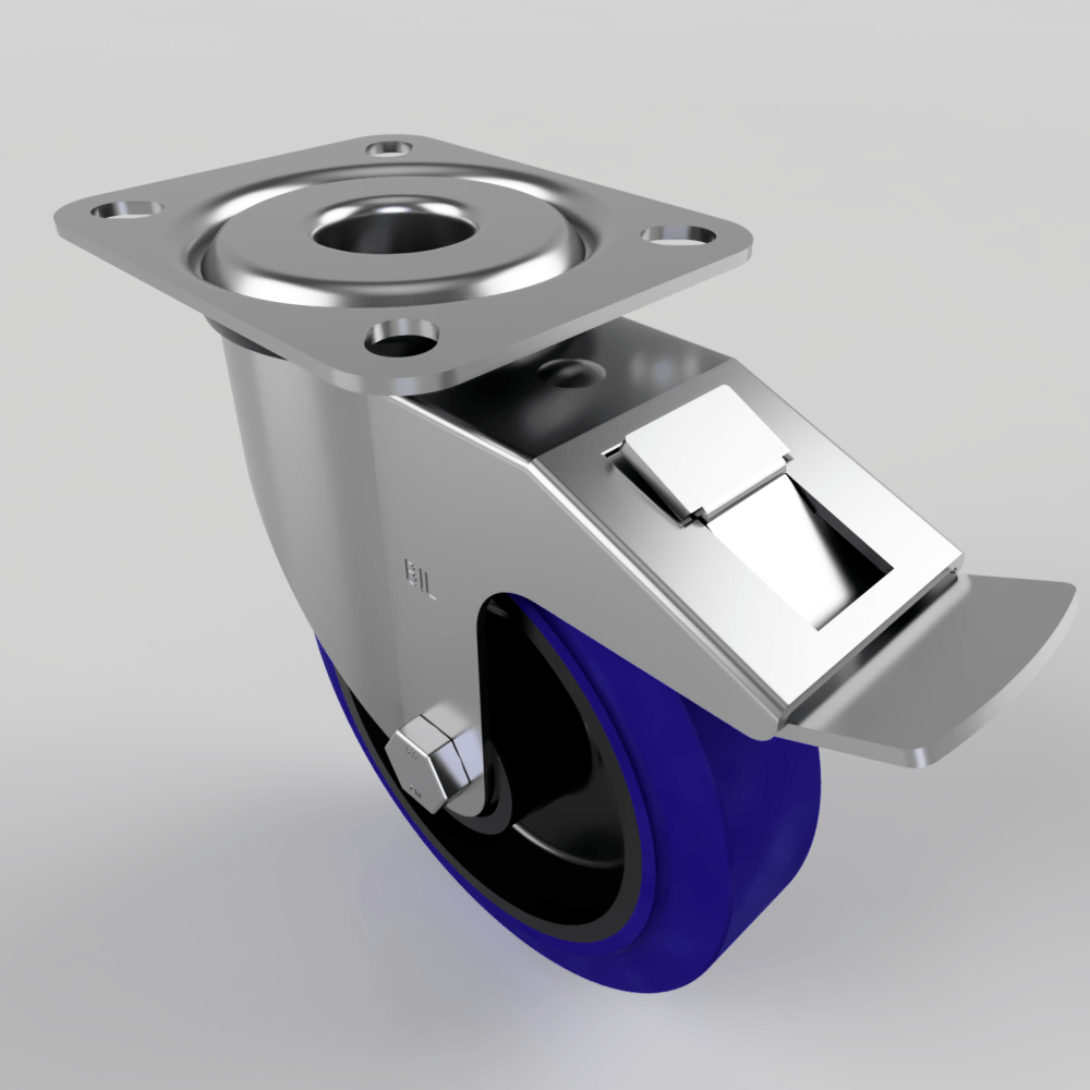 Blue Elastic Rubber 75ShoreA Plate Swivel Castor Brake 125mm 200kg Load