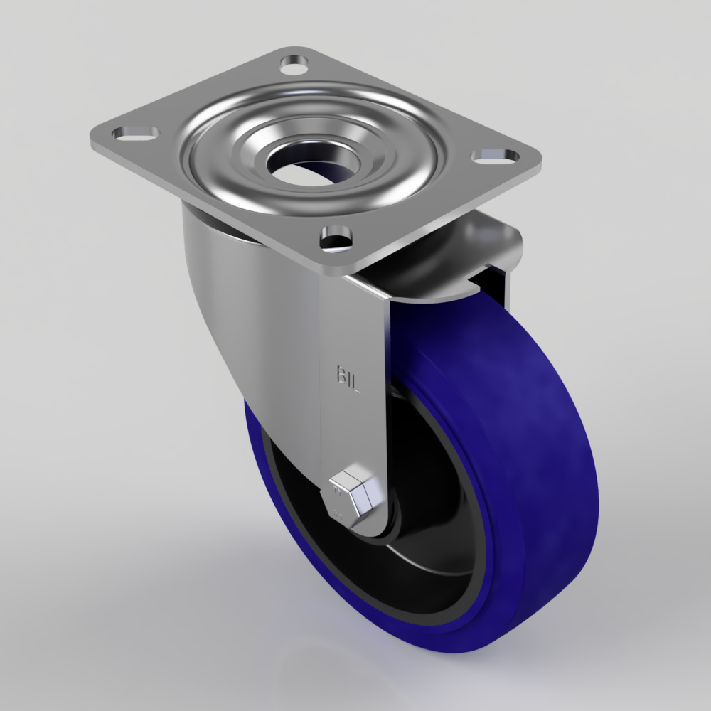 Blue Elastic Rubber 75ShoreA Plate Swivel Castor 150mm 300kg Load