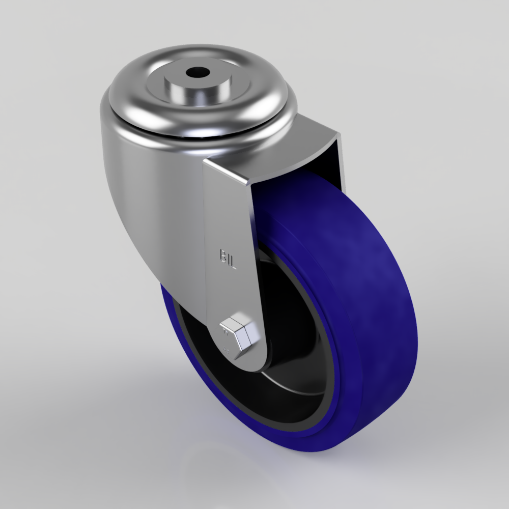 Blue Elastic Rubber 75ShoreA Bolt Hole Swivel Castor 150mm 300kg Load