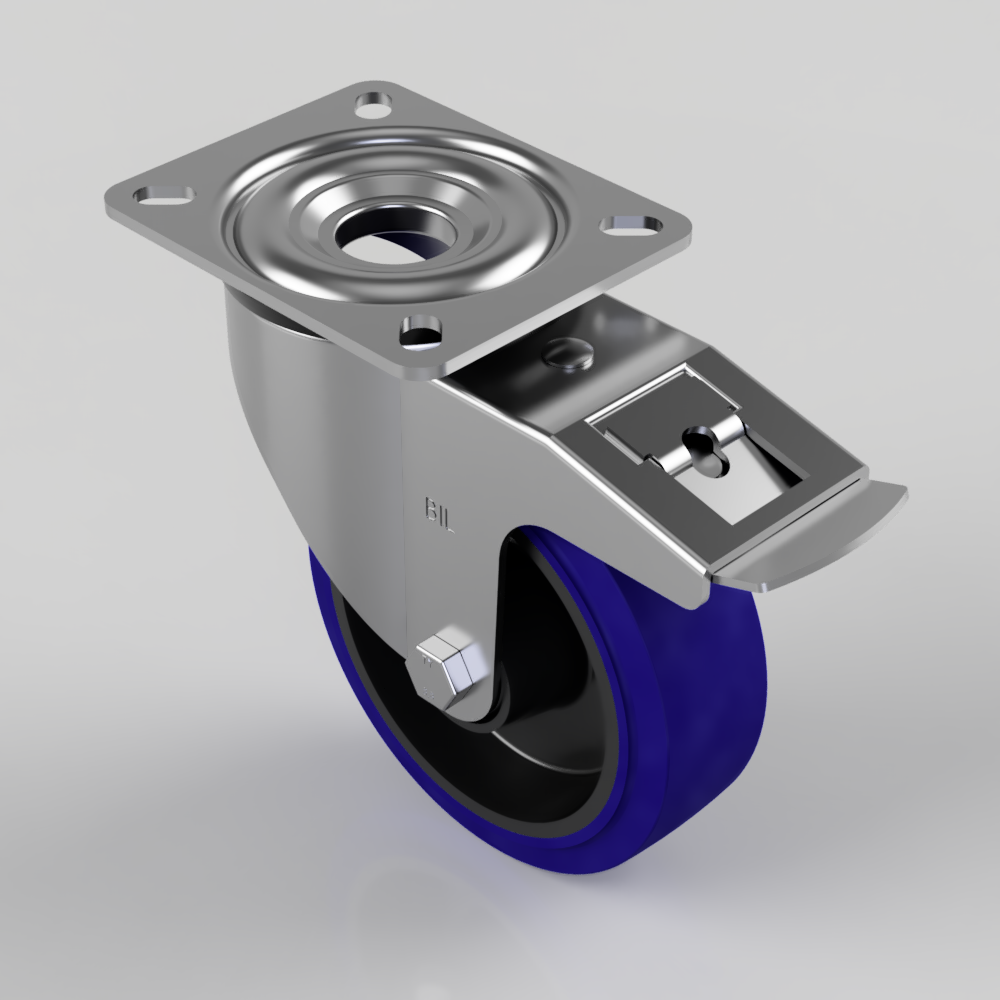 Blue Elastic Rubber 75ShoreA Plate Swivel Castor Brake 150mm 300kg Load