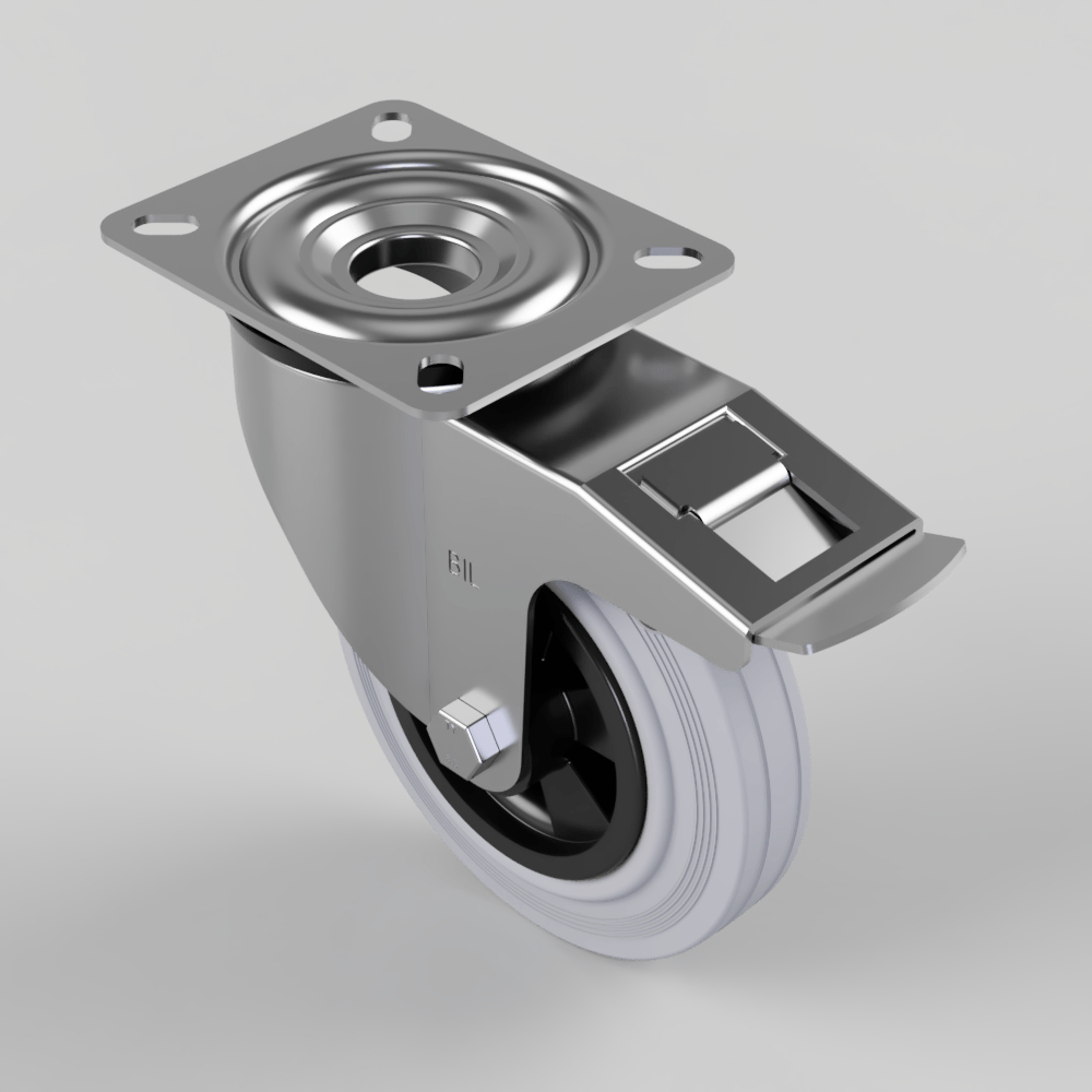 Grey Rubber Polypropylene Plate Swivel Castor Brake 160mm 140kg Load