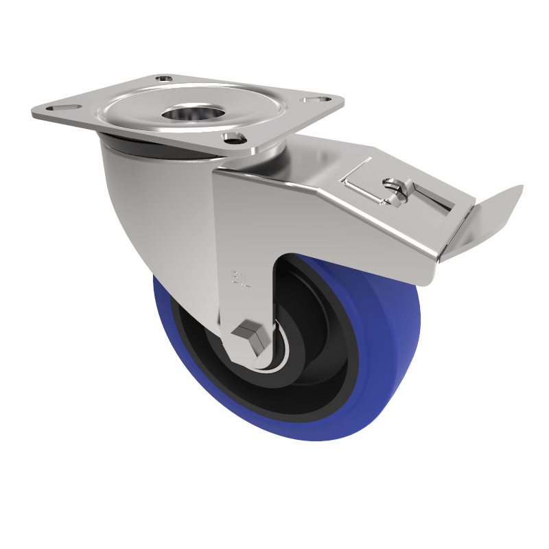 Blue Elastic Rubber 75ShoreA Plate Swivel Castor Brake 160mm 300kg Load