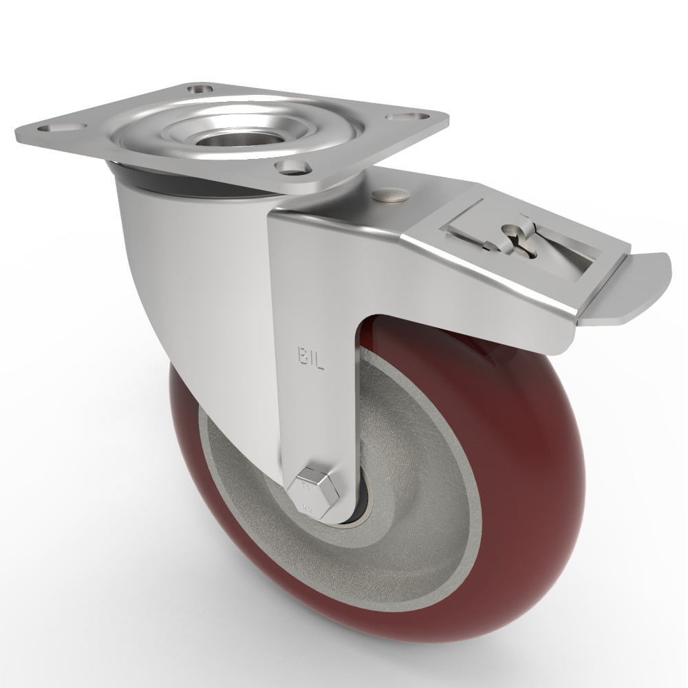 Ergonomic Polyurethane Plate Swivel Castor Brake 200mm 350kg Load