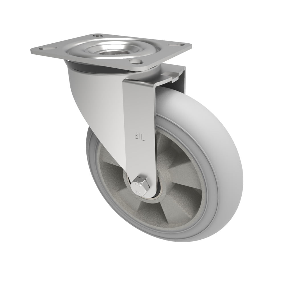 Grey Soft Elastic Rubber Plate Swivel Castor 200mm 350kg Load