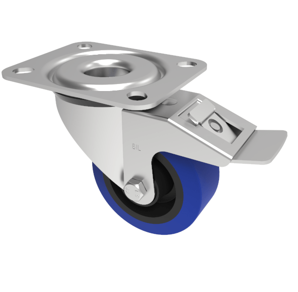 Blue Elastic Rubber 75ShoreA Plate Swivel Castor Brake 80mm 100kg Load