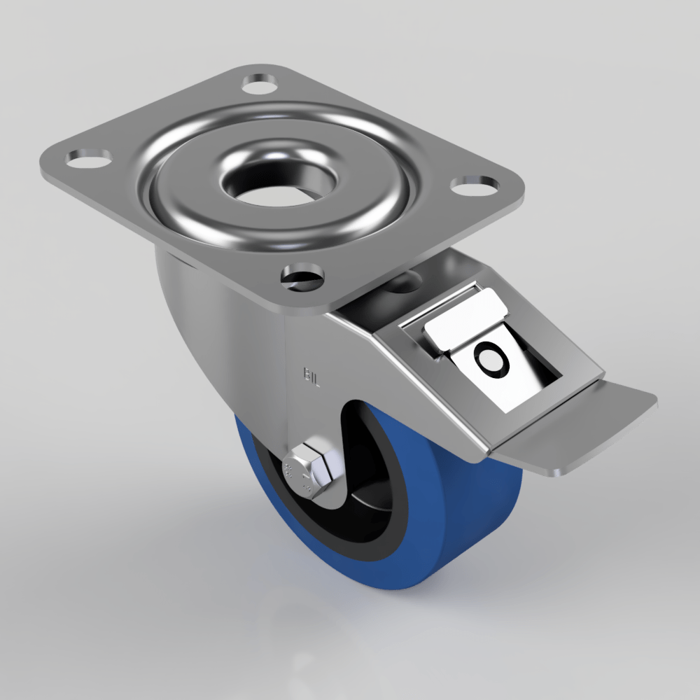 Blue Elastic Rubber 65ShoreA Plate Swivel Castor Brake 80mm 150kg Load