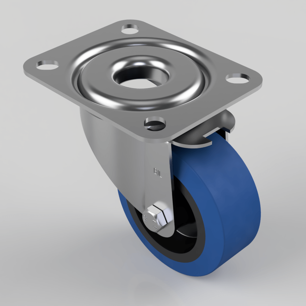 Blue Elastic Rubber 65ShoreA Plate Swivel Castor 80mm 150kg Load