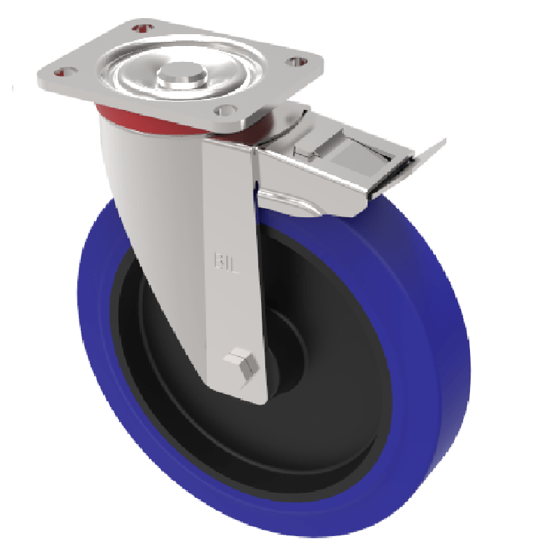Blue Elastic Rubber 75ShoreA Plate Swivel Castor Brake 250mm 500kg Load
