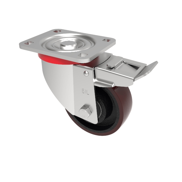 Polyurethane Cast Iron Plate Swivel Castor Brake 125mm 400kg Load