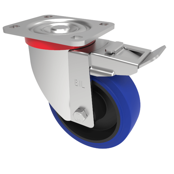 Blue Elastic Rubber 75ShoreA Plate Swivel Castor Brake 150mm 300kg Load