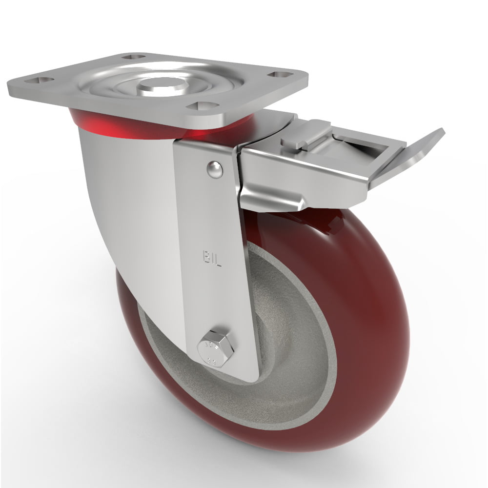Ergonomic Polyurethane Plate Swivel Castor Brake 200mm 775kg Load