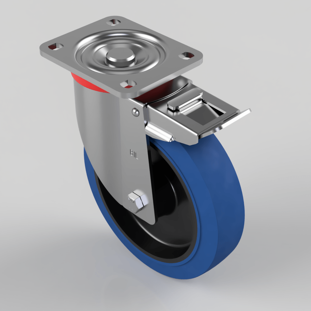 Blue Elastic Rubber 65Shore A Plate Swivel Castor Brake 200mm 500kg Load