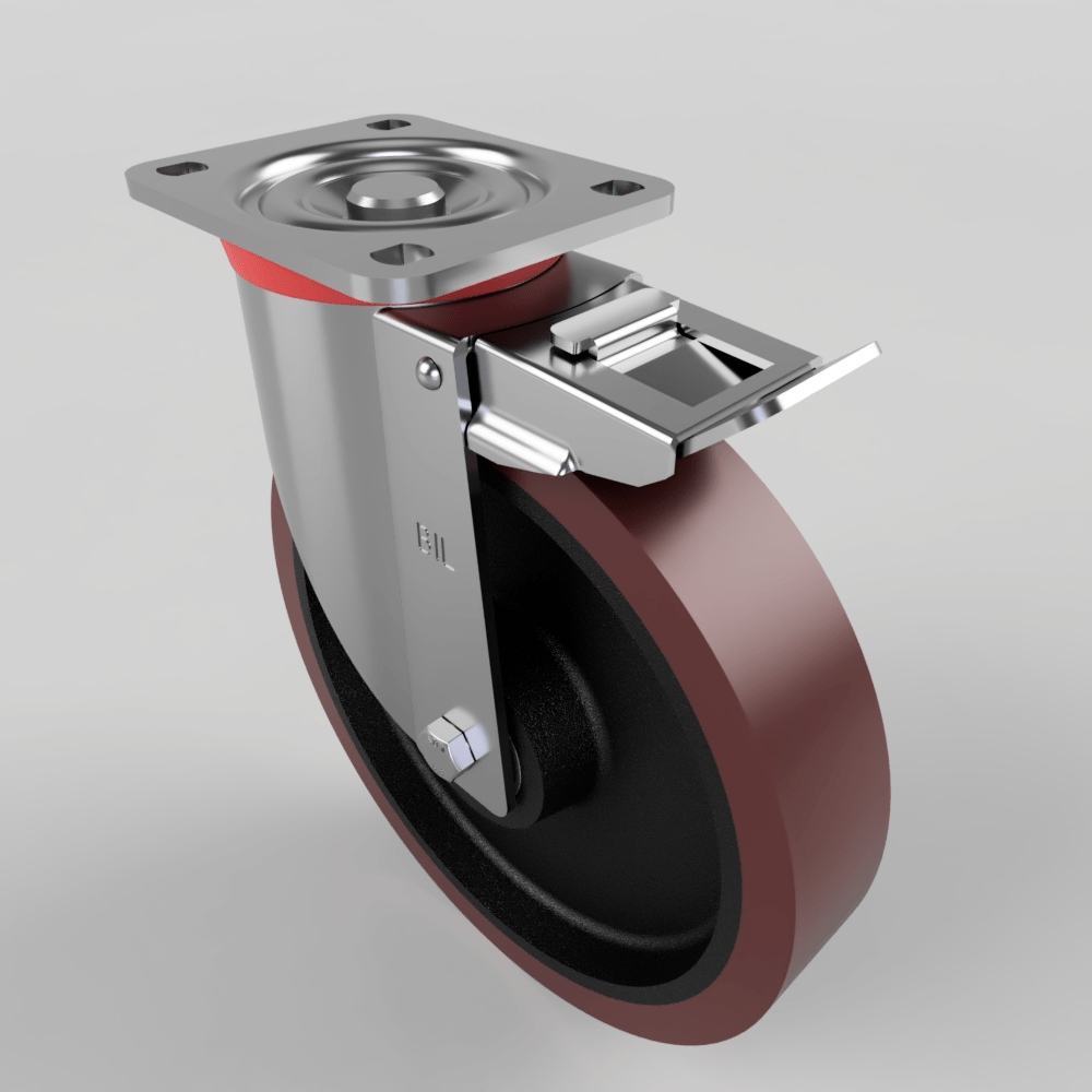 Polyurethane Cast Iron Plate Swivel Castor Brake 250mm 800kg Load