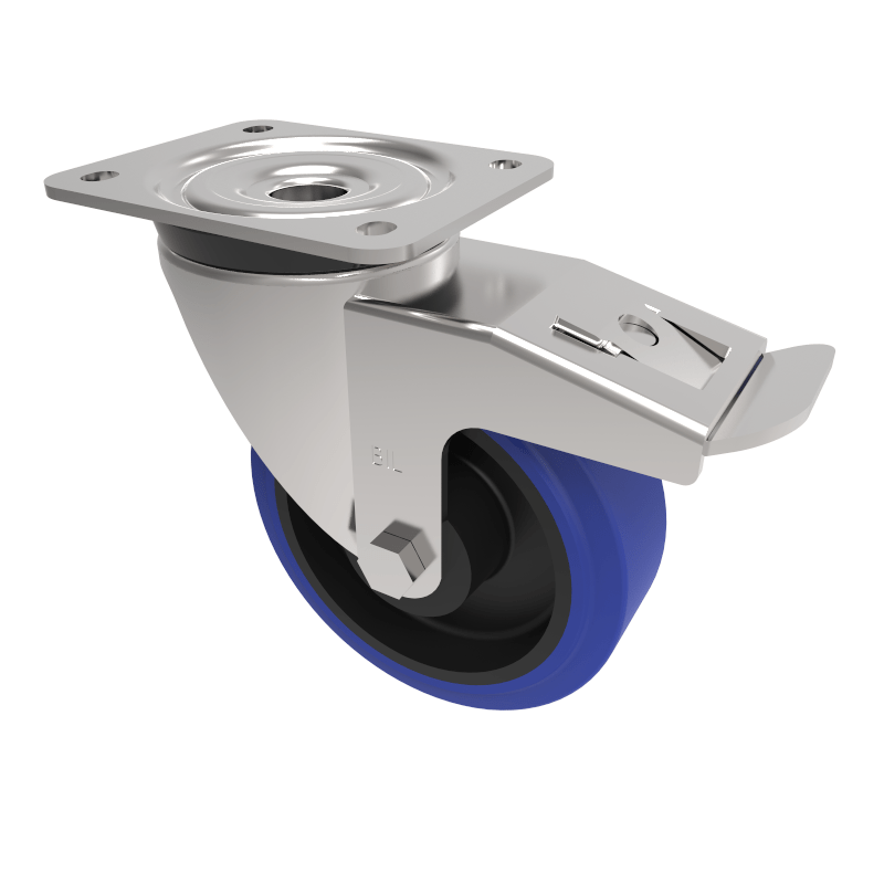 Blue Elastic Rubber 75ShoreA Plate Swivel Castor Brake 150mm 300kg Load