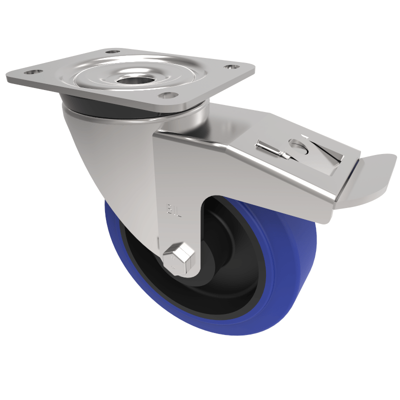 Blue Elastic Rubber 75ShoreA Plate Swivel Castor Brake 160mm 300kg Load