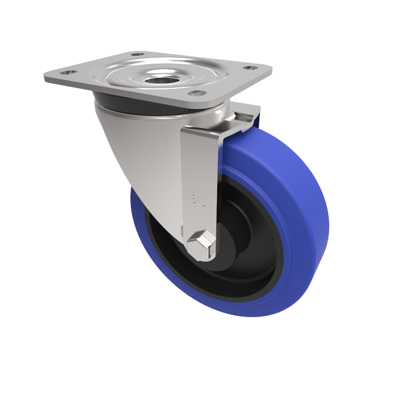 Blue Elastic Rubber 75ShoreA Plate Swivel Castor 160mm 300kg Load