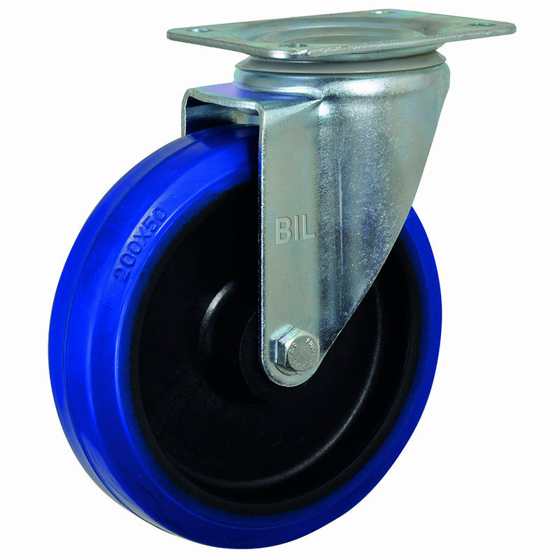 Blue Elastic Rubber 75ShoreA Plate Swivel Castor 200mm 400kg Load