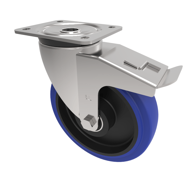 Blue Elastic Rubber 75ShoreA Plate Swivel Castor Brake 200mm 400kg Load