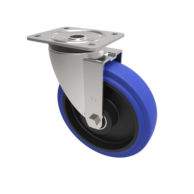 Blue Elastic Rubber 75ShoreA Plate Swivel Castor 200mm 400kg Load