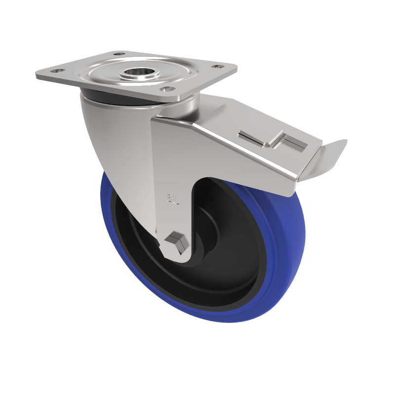 Blue Elastic Rubber 75ShoreA Plate Swivel Castor Brake 200mm 400kg Load