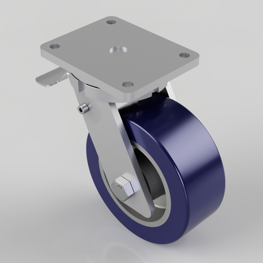 Blue Polyurethane on Cast Iron Plate Swivel Braked Castor 200mm 1200kg Load