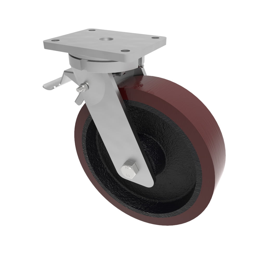 Polyurethane Cast Iron Plate Swivel Castor Brake 300mm 2200kg Load