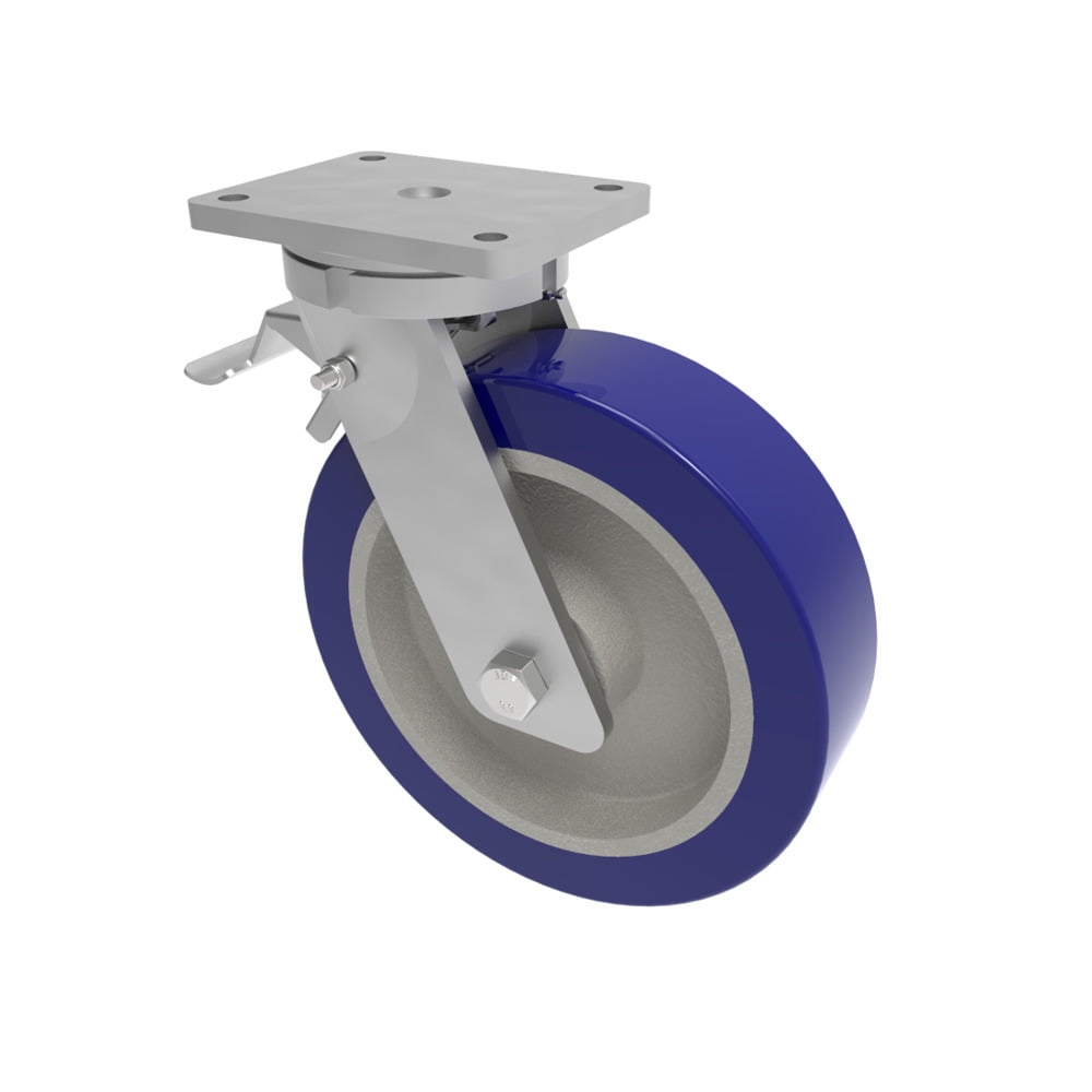 Blue Polyurethane on Cast Iron Plate Swivel Braked Castor 250mm 1400kg Load