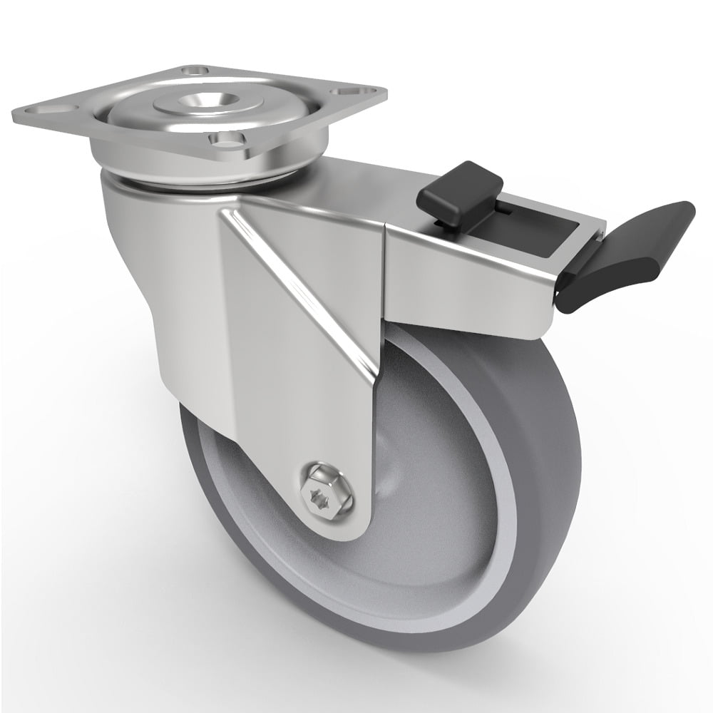 Grey Rubber Plate Swivel Castor Brake 100mm 70kg Load