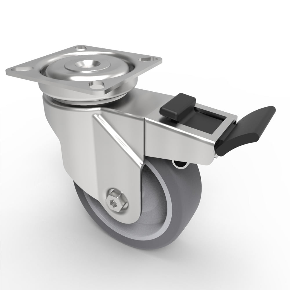 Grey Rubber Plate Swivel Castor Brake 75mm 60kg Load