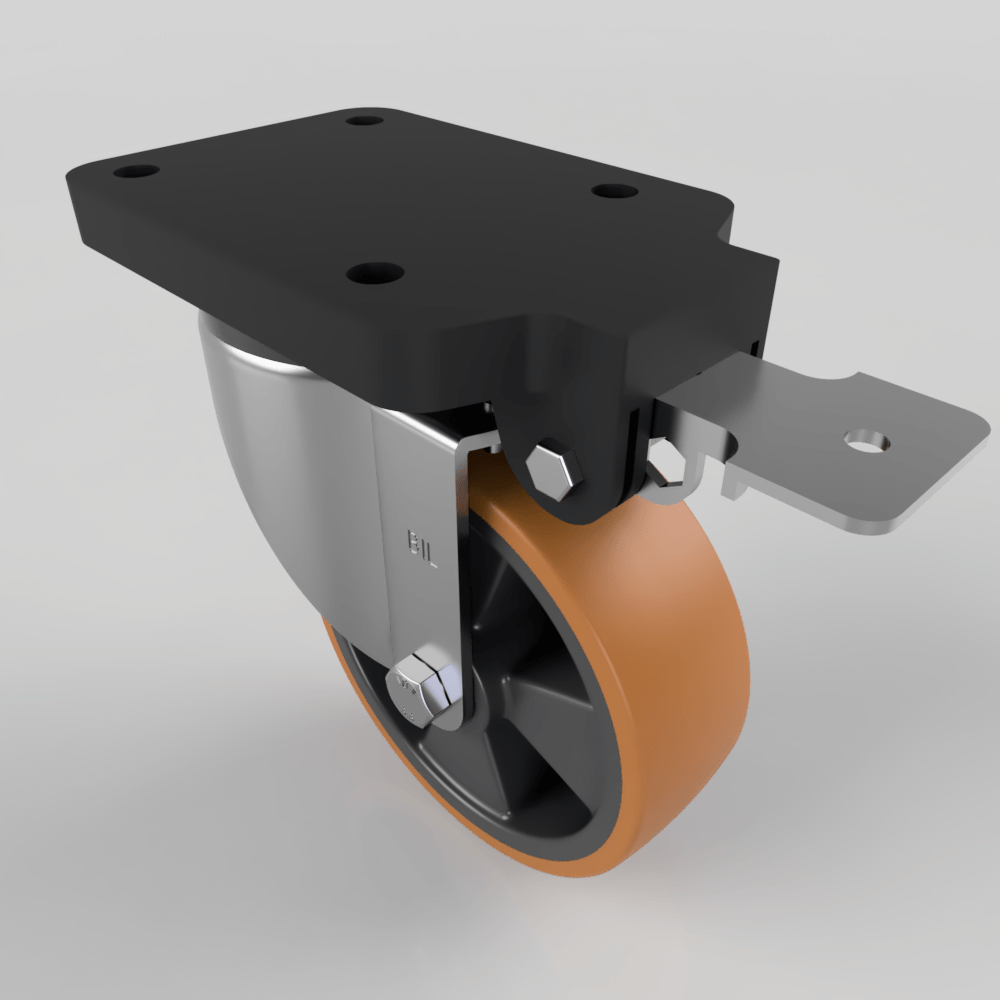 Brown Polyurethane Swivel Brake Plate Castor 150mm 600kg