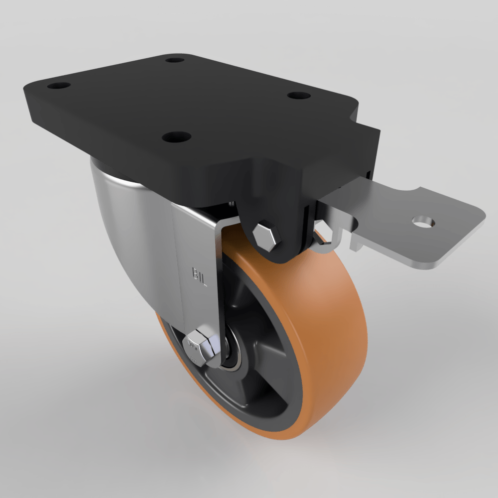 Brown Polyurethane Swivel Brake Plate Castor 150mm 600kg