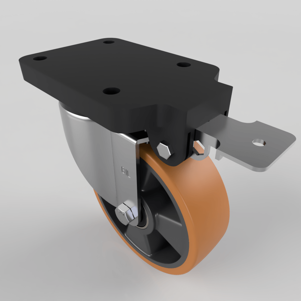 Brown Polyurethane Swivel Brake Plate Castor 160mm 600kg