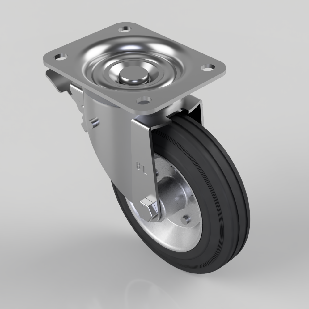 Black Rubber Pressed Steel Plate Swivel Castor Brake 160mm 160kg Load