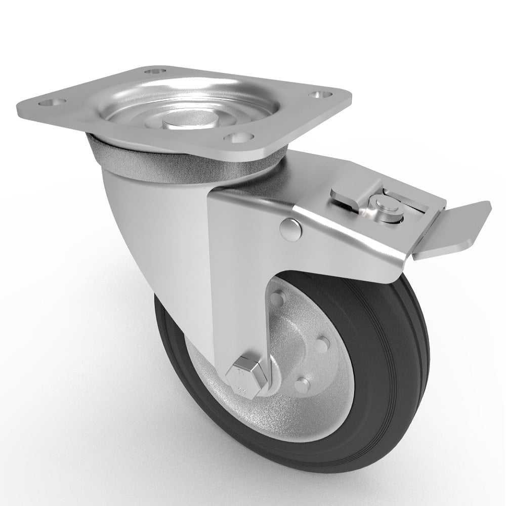 Black Rubber Pressed Steel Plate Swivel Castor Brake 160mm 160kg Load