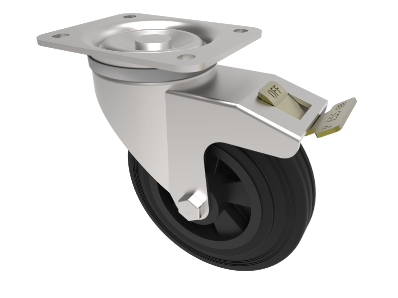 Black Rubber Plate Swivel Castor Brake 200mm 205kg Load