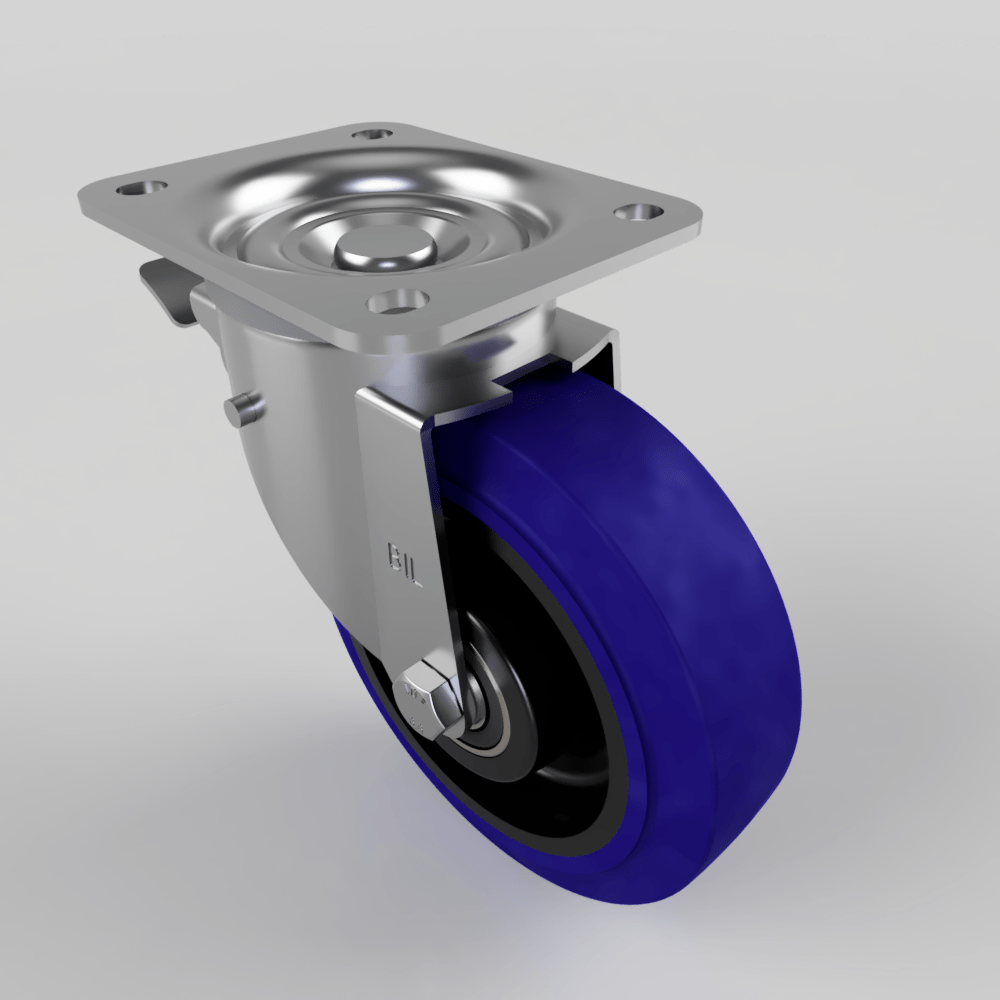 Blue Elastic Rubber 65ShoreA Plate Swivel Castor Brake 160mm 350kg Load