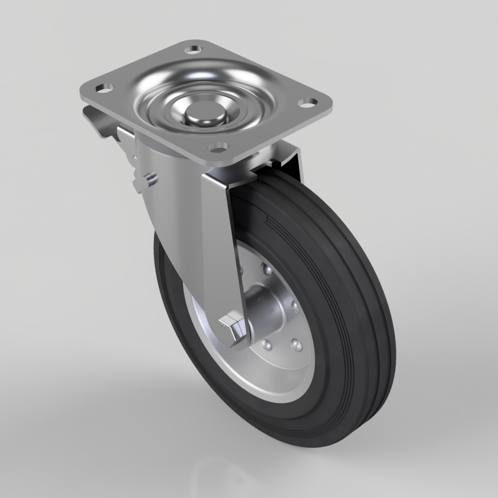 Black Rubber Pressed Steel Plate Swivel Castor Brake 200mm 205kg Load