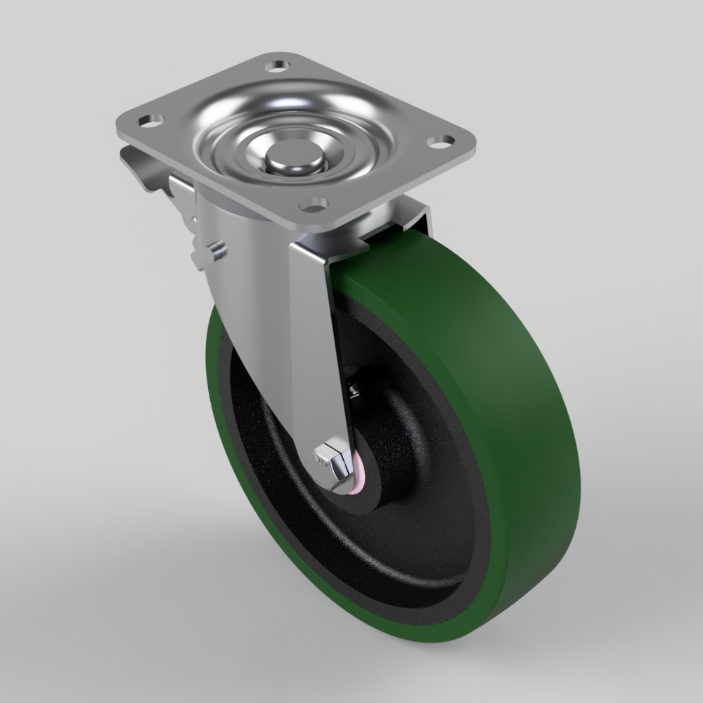 Polyurethane (Green) Plate Swivel Castor Brake 200mm 350kg Load