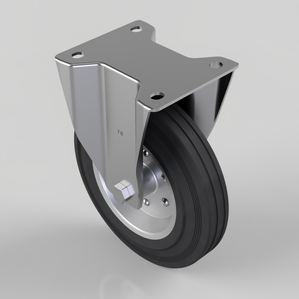 Black Rubber Pressed Steel Plate Fixed Castor 200mm 205kg Load