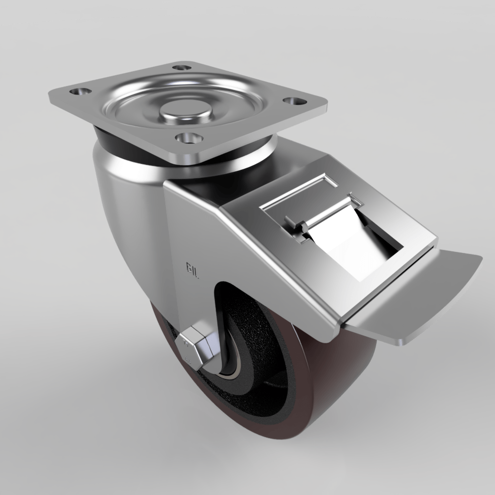 Polyurethane Cast Iron Plate Swivel Castor Brake 125mm 500kg Load