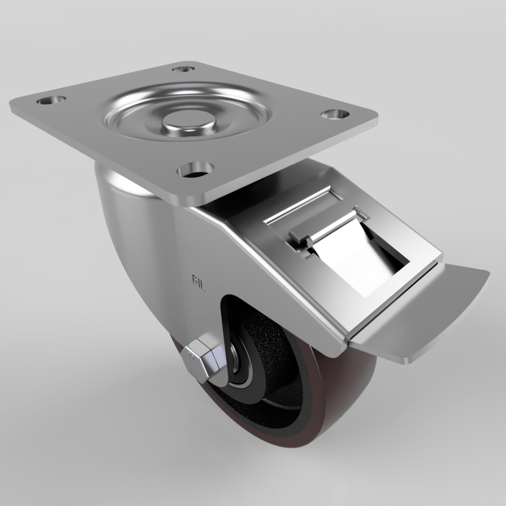 Polyurethane Cast Iron Plate Swivel Castor Brake 125mm 500kg Load
