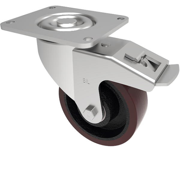 Polyurethane Cast Iron Plate Swivel Castor Brake 200mm 1000kg Load