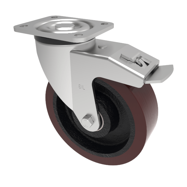 Polyurethane Cast Iron Plate Swivel Castor Brake 200mm 1000kg Load