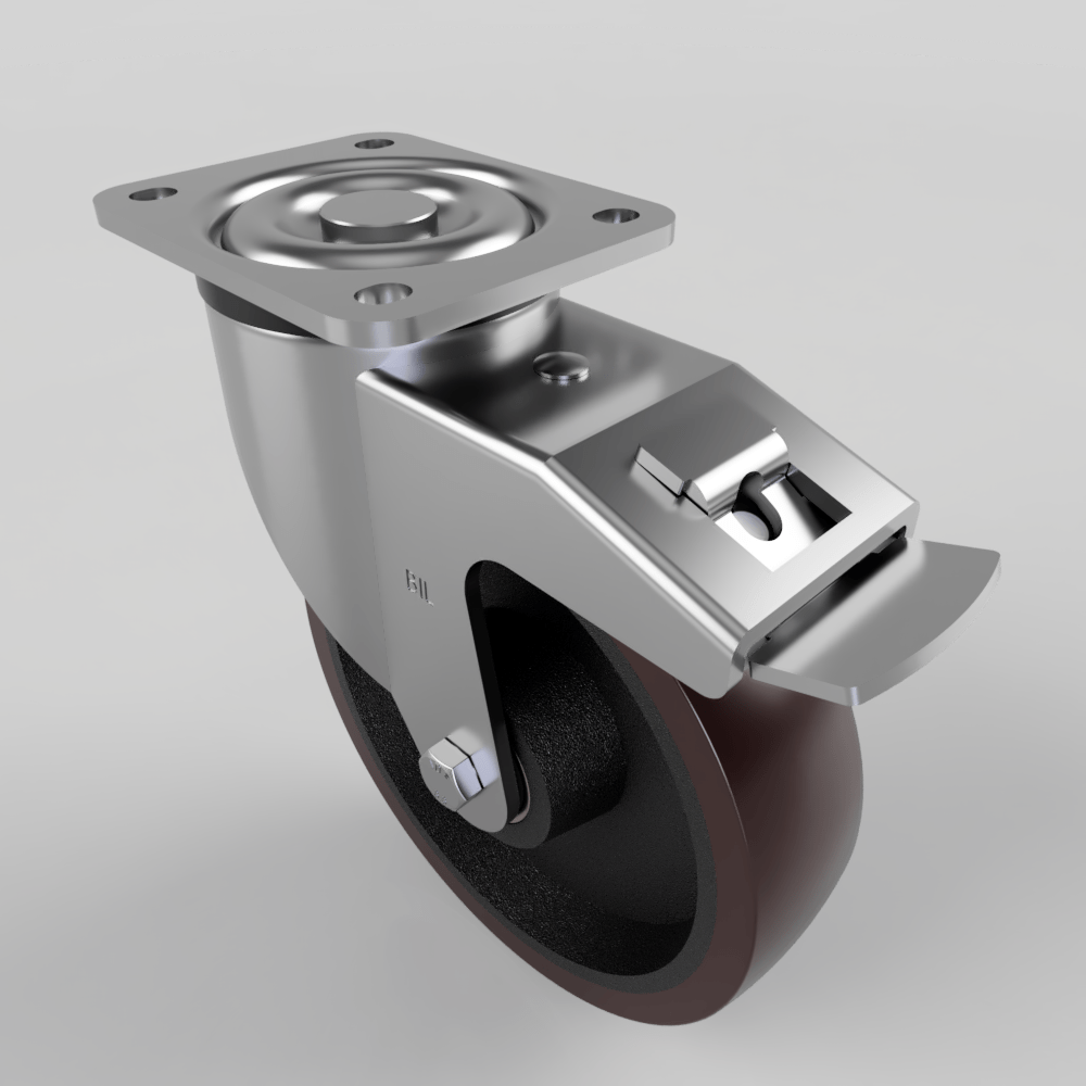 Polyurethane Cast Iron Plate Swivel Castor Brake 200mm 1000kg Load