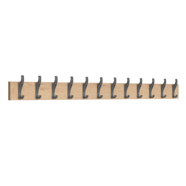 Coat Hook Rail 12 Hook with Oak Finish